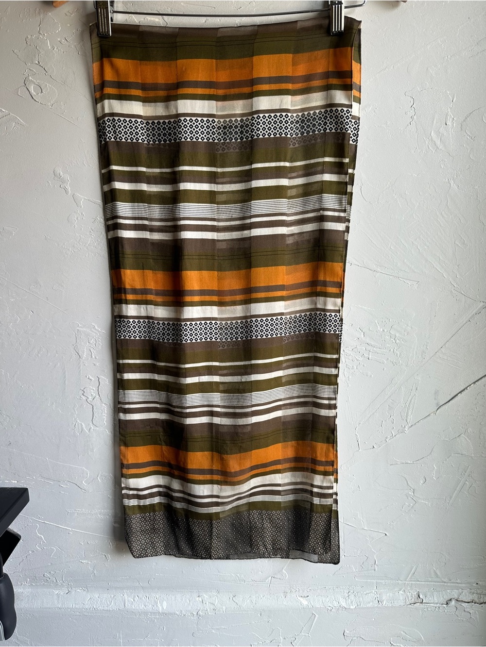 Geometric Stripe Scarf Olive Green Rust Brown‎ Mod Retro Sheer Wrap 60x14
